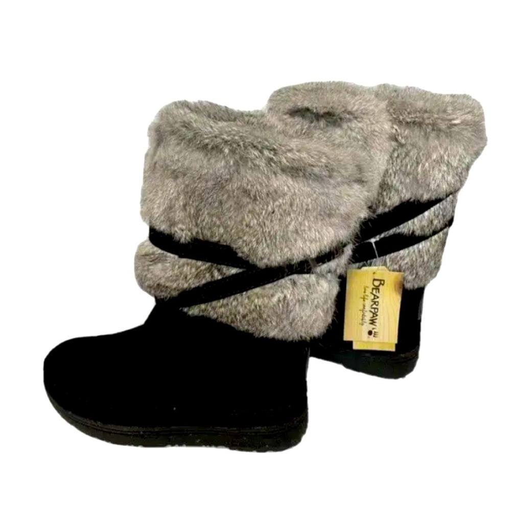 Bearpaw Womens Kara: 10 In Fur & Black Suede Mid Calf Boots Warm Boots Sz6